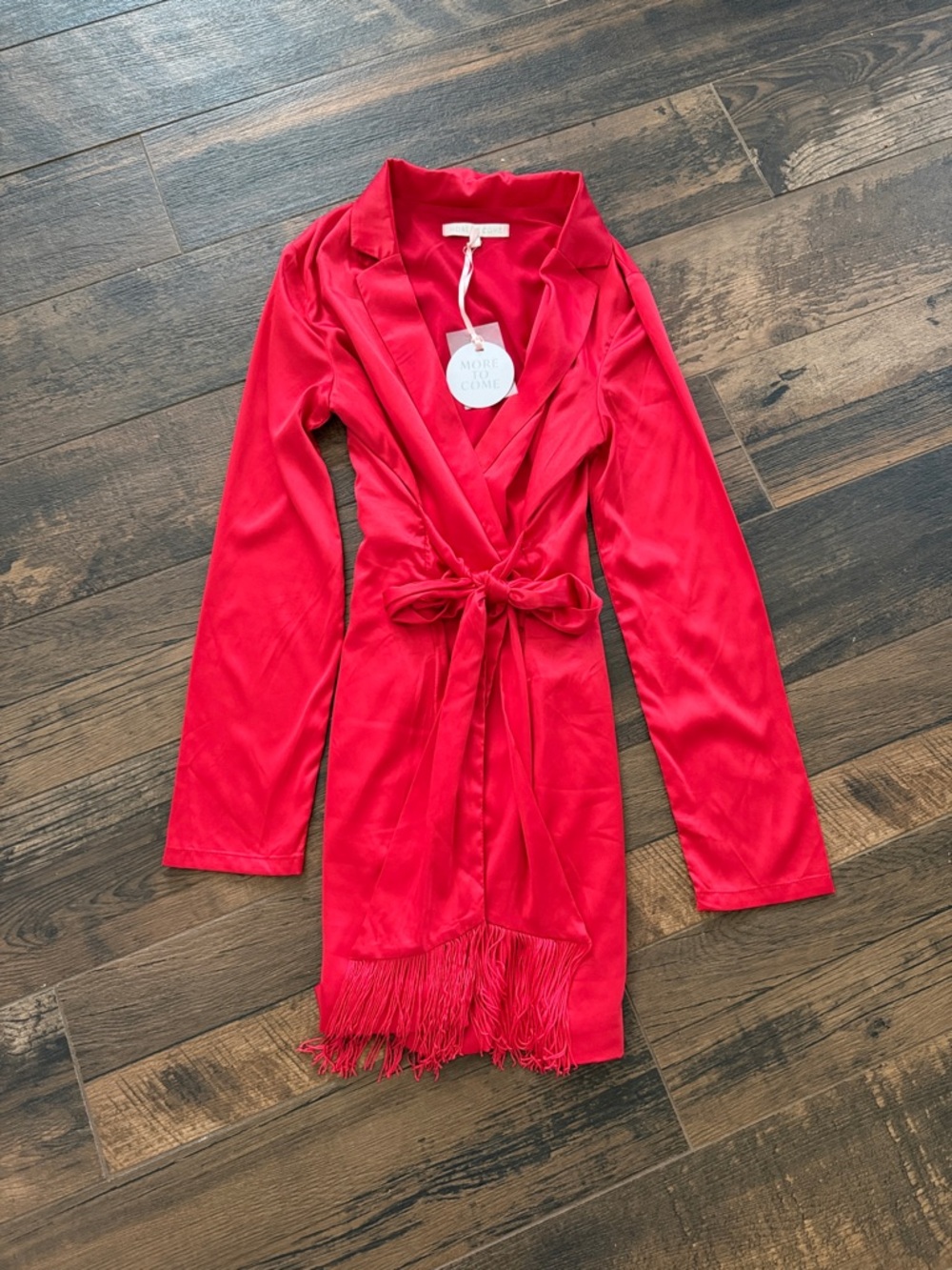 Red Satin Tie-Waist Mini Dress with Fringe